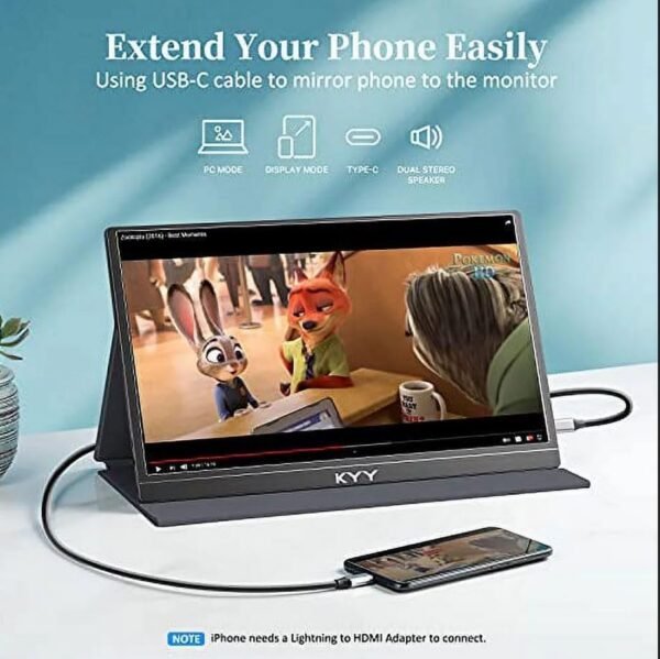 KYY Portable Monitor 15.6inch 1080P FHD USB-C, HDMI Computer Display HDR IPS Gaming Monitor w/Premium Smart Cover & Screen Protector, Speakers, for Laptop PC MAC Phone PS4 Xbox Switch - Image 3