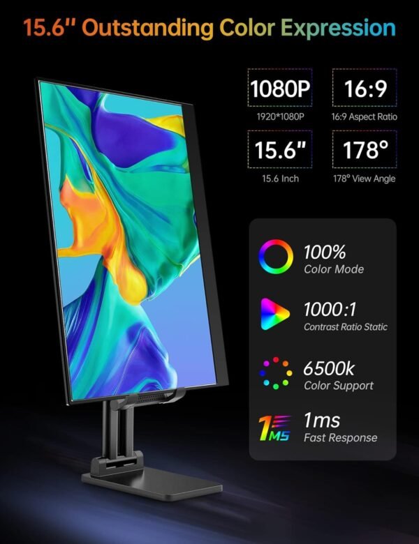 VILVA Portable-Monitor-for-Laptop - 15.6'' 1080P FHD IPS Display USB-C HDMI Portable Monitor for Laptop with Cover and Speakers External Monitor for Laptop/PC/Mac/Phone/Xbox Switch/PS4/ - Image 7