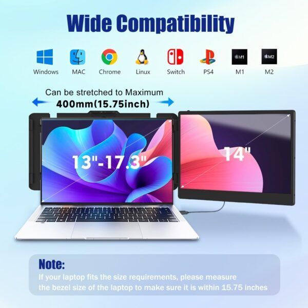 Laptop Screen Extender, 14" FHD 1080P IPS Laptop Monitor Extender Dual Screen, Portable Monitor for Laptops 13-17" with USB-C/HDMI Port, Plug n Play for Windows/Mac/Android/Switch/PS5 - Image 5