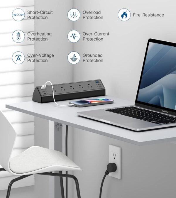 Desk Clamp Power Strip USB C,40W Total Fast Charging Station,4 PD 20W USB C Ports,Desk Edge Mount Power Strip 6 USB Ports 5 AC Outlets Surge Protector,6ft Cord,Fit 1.96" Tabletop Edge - Image 4