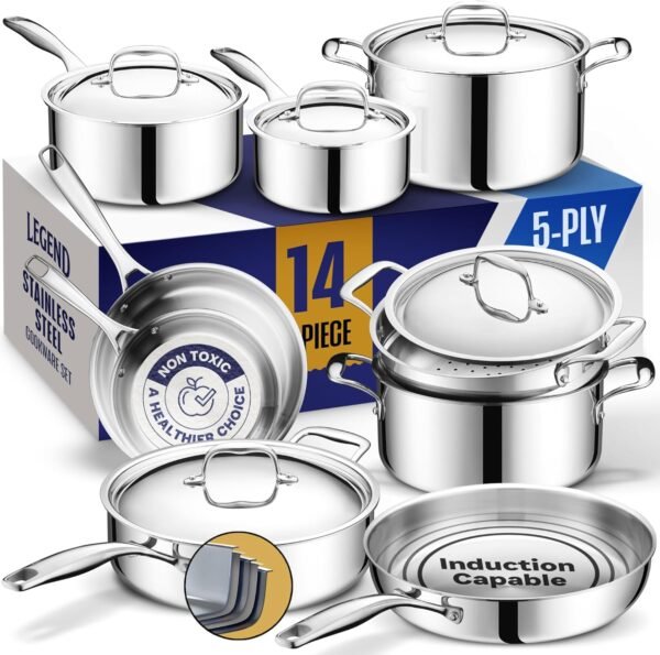 LEGEND COOKWARE 5 Ply Stainless Steel Pots and Pans Set | 14-Piece, Induction, Non-Toxic, Oven Safe | Best 18/8 Full Clad | Professional Kitchen Cooking, Heavy Chef Quality | PFOA, PTFE & PFOS Free